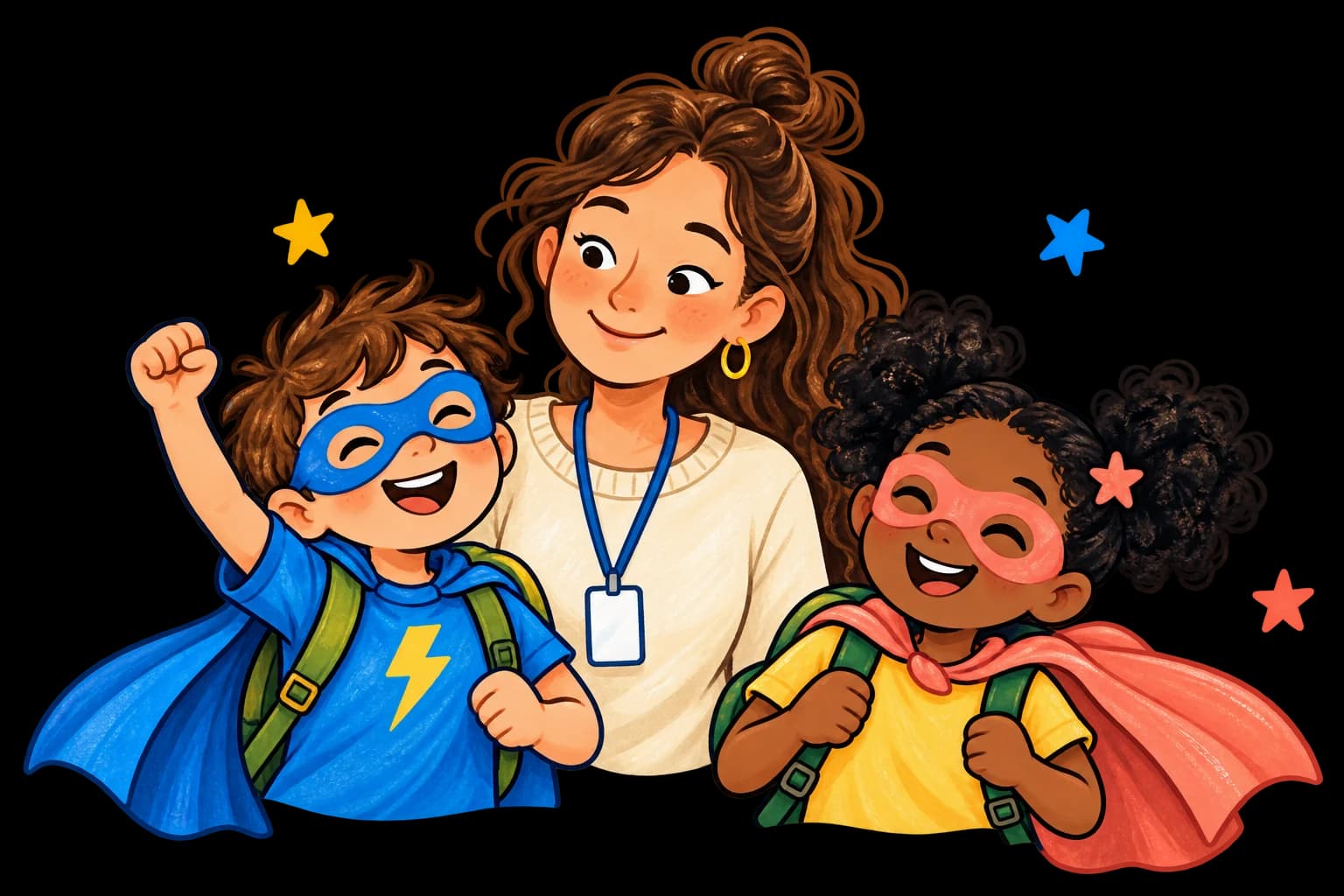 Two smiling children in blue and coral superhero capes, with a caring grown-up on their team.